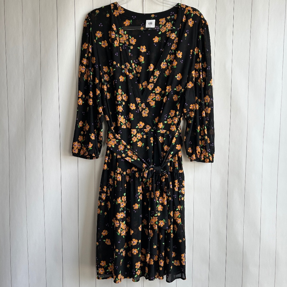Cabi size L Debut wrap dress black orange floral tiered mesh 3/4 sleeve #5945